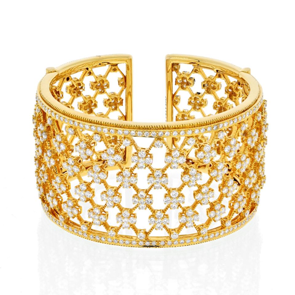 18K Yellow Gold Wide Openwork 32cts Diamond Cuff Bracelet