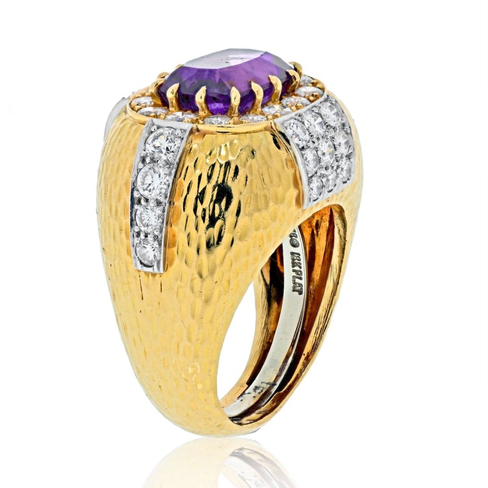 David Webb Platinum & 18K Yellow Gold Oval Amethyst And Diamond Hammered Finish Ring