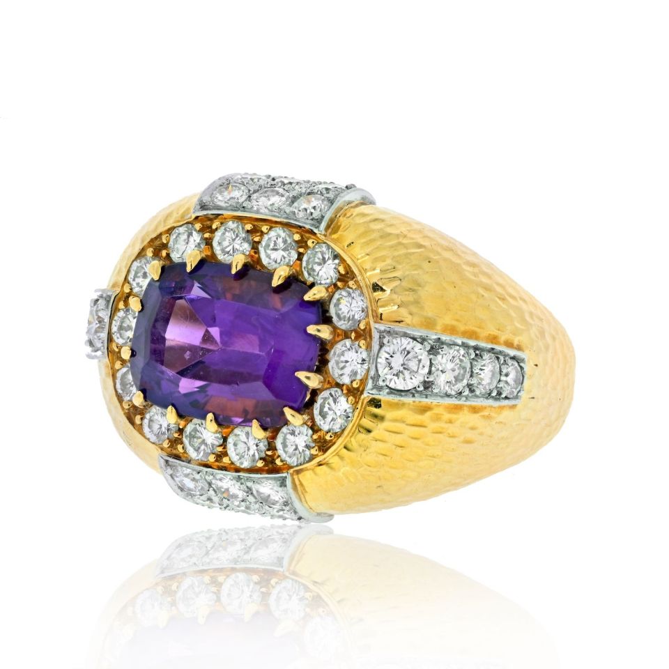 David Webb Platinum & 18K Yellow Gold Oval Amethyst And Diamond Hammered Finish Ring