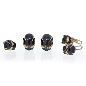 David Webb 18K Yellow Gold Black Enamel And Diamond Stud And Cufflinks Set