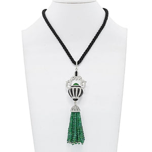 18K White Gold Estate Diamond, Onyx and Emerald Bead Tassel Pendant Pendant
