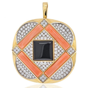 Vacheron Constantin 18K Yellow Gold 1970's Coral, Diamond And Onyx Pendant Brooch