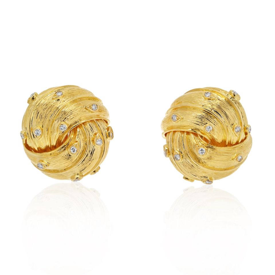 David Webb 18K Yellow Gold Knot Style Button With Diamonds Earrings - The Back Vault