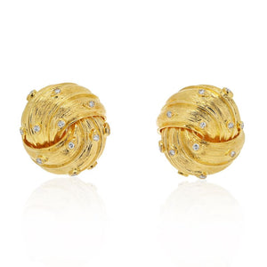 David Webb 18K Yellow Gold Knot Style Button With Diamonds Earrings