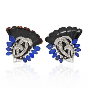 18K White Gold Onyx, Lapis And Diamond Fan Clip On Earrings