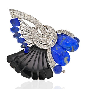 18K White Gold Onyx, Blue Lapis And Diamond Brooch