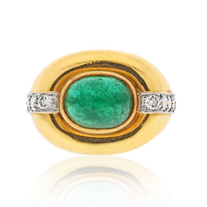 David Webb 18K Yellow Gold Cabochon Emerald Diamond Ring