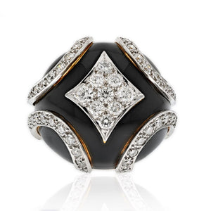 David Webb Platinum & 18K Yellow Gold Black Enamel Diamond Bombe Ring