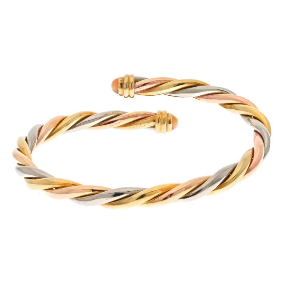 Cartier 18K Yellow Gold Tri-Color Twist Bangle With Coral Tips