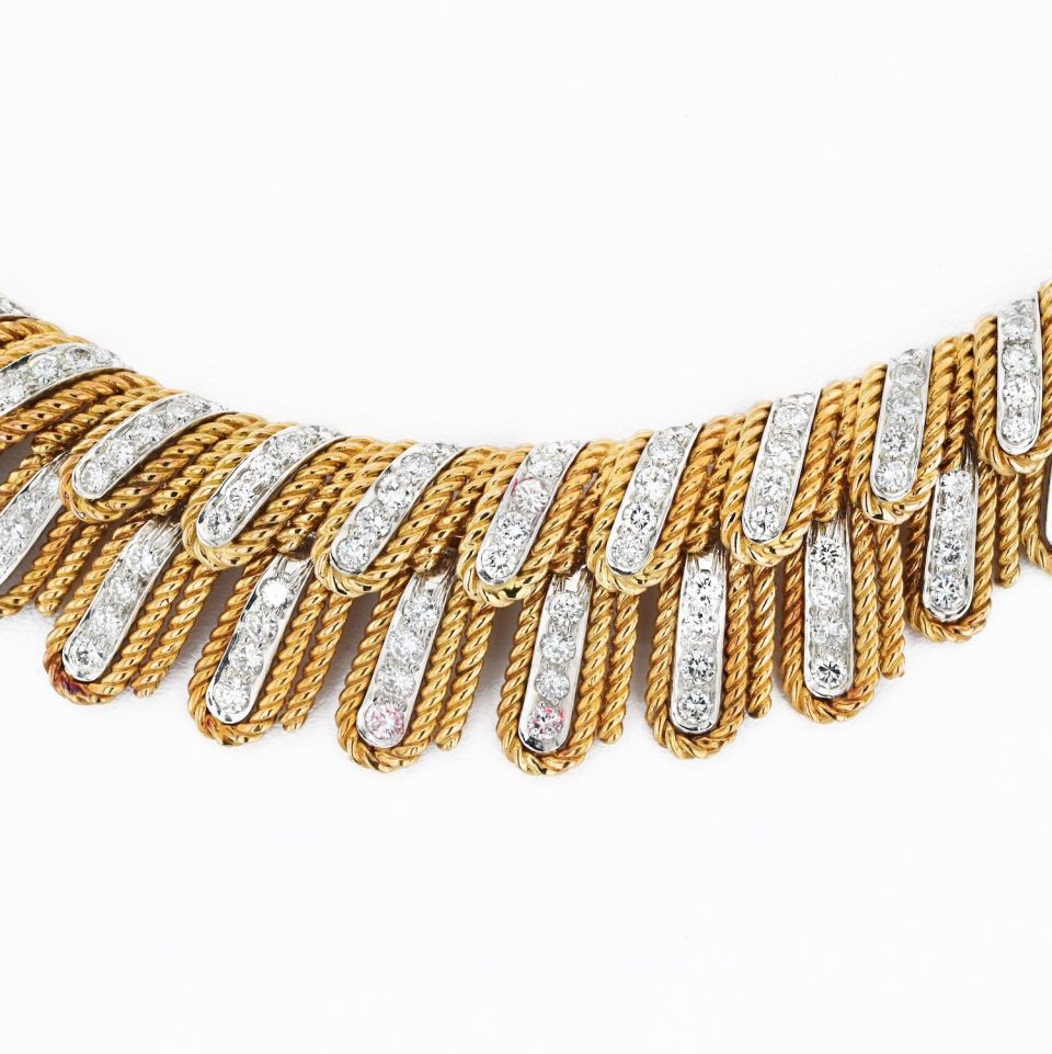 David Webb Collar Platinum & 18K Yellow Gold Diamond Feather Collar Rope Necklace