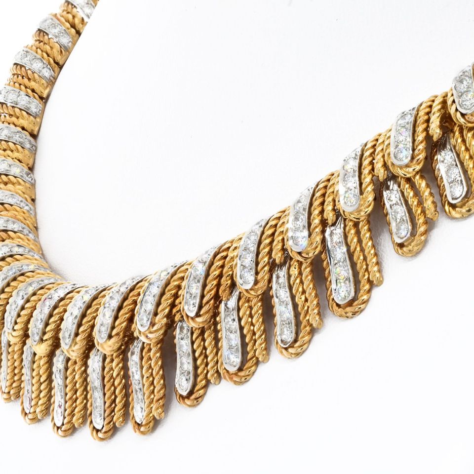 David Webb Collar Platinum & 18K Yellow Gold Diamond Feather Collar Rope Necklace