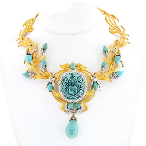 18K Yellow Gold Persian Turquoise Antique Diamond Necklace