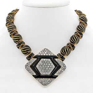 David Webb Platinum & 18K Yellow Gold Manhattan Minimalism Onyx, Diamond, Black Enamel Necklace
