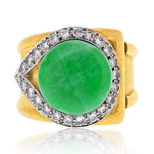 David Webb Platinum & 18K Yellow Gold Jadeite Diamond Hammered Finish Cocktail Ring