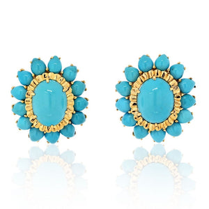 David Webb Platinum & 18K Yellow Gold Cabochon Cut Turquoise Flower Clip-On Earrings