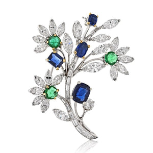 Van Cleef & Arpels Platinum Bouquet Diamond, Sapphire And Emerald Brooch