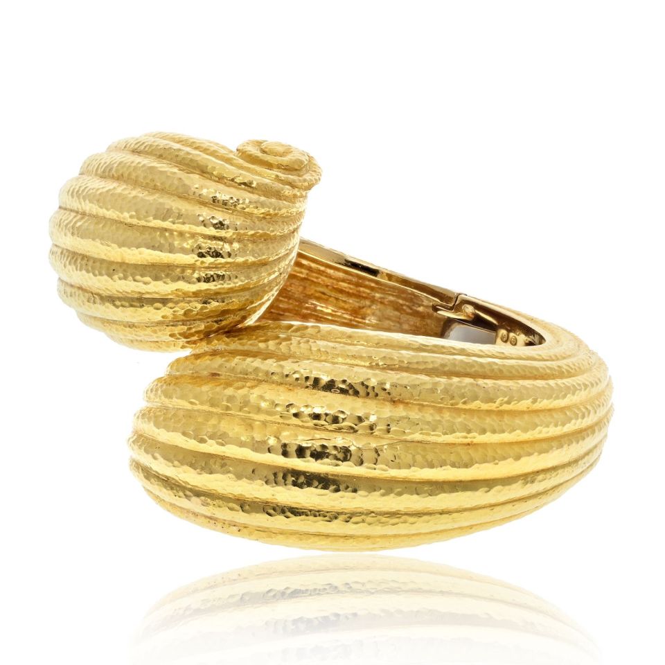 David Webb Platinum & 18K Yellow Gold Hammered Swirl Crossover Hinged Bracelet