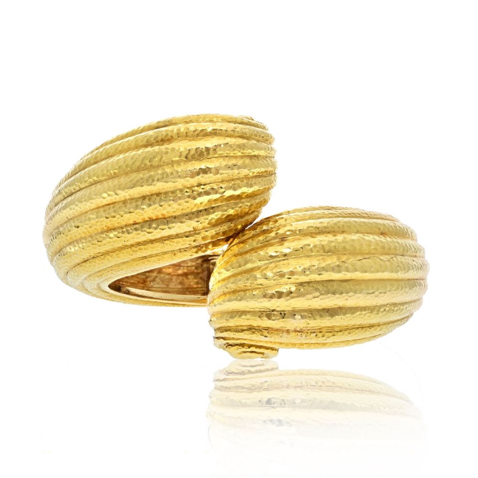 David Webb Platinum & 18K Yellow Gold Hammered Swirl Crossover Hinged Bracelet