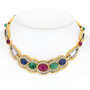David Webb Collar Platinum & 18K Yellow Gold Cabochon Cut Sapphire, Ruby And Emerald Necklace