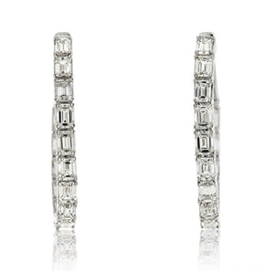 14K White Gold Inside Out Emerald Cut Hoop Earrings