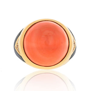 Bvlgari 18K Yellow Gold Coral Pyramid Black Enamel Details Ring