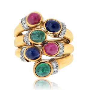 David Webb Platinum & 18K Yellow Gold Multigem Sapphire, Ruby, Emerald And Diamond Cocktail Ring