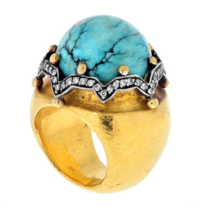 23K Yellow Gold Dome Turquoise And Diamond Cocktail Ring