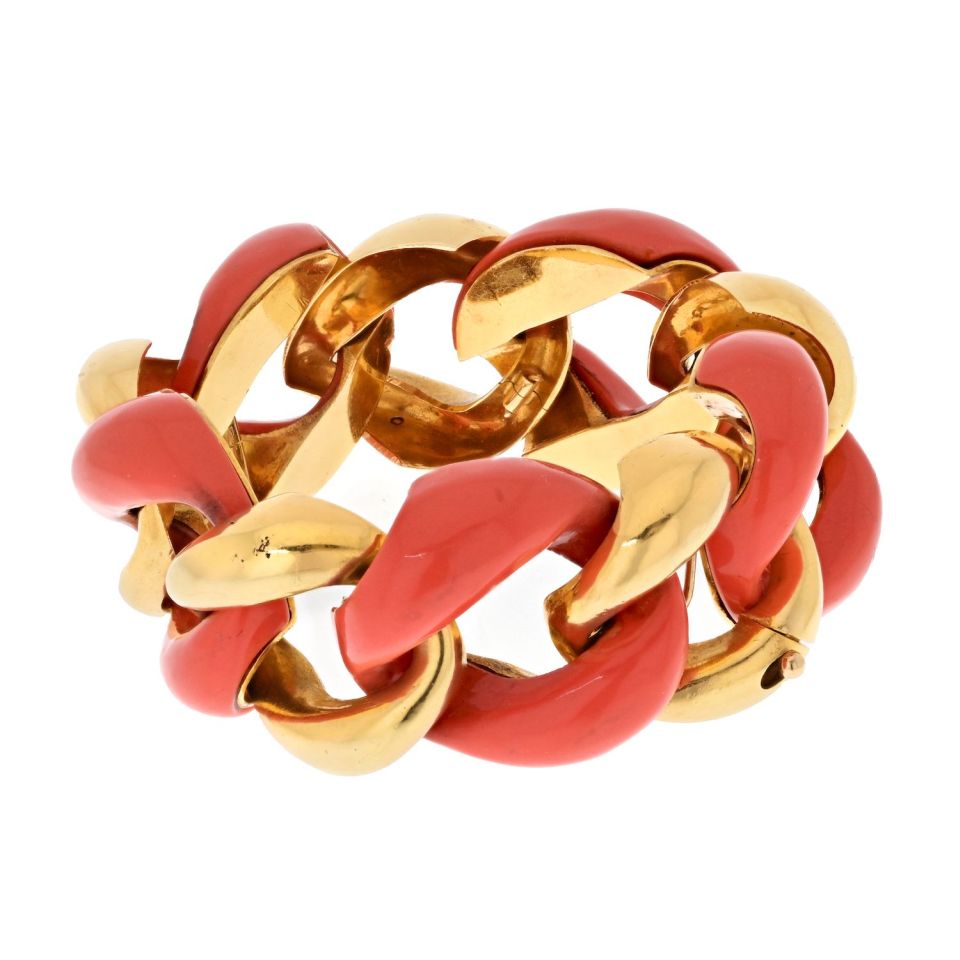 Seaman Schepps 18K Yellow Gold Coral And High Polished Wide Open Link Bracelet - The Back Vault
