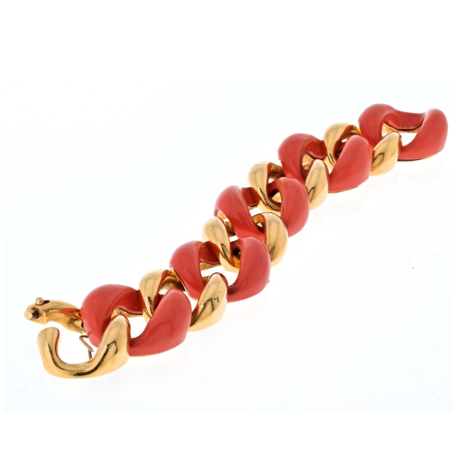 Seaman Schepps 18K Yellow Gold Coral And High Polished Wide Open Link Bracelet - The Back Vault