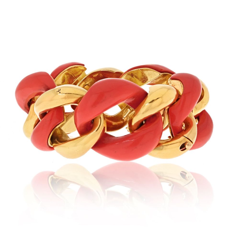 Seaman Schepps 18K Yellow Gold Coral And High Polished Wide Open Link Bracelet - The Back Vault