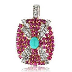David Webb Platinum & 18K Yellow Gold Turquoise, Diamond And Ruby Pendant