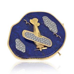 David Webb Platinum & 18K Yellow Gold Lapis And Diamond Airplane Brooch