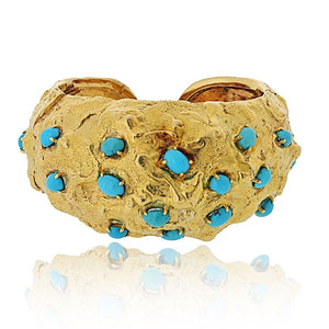 David Webb Platinum & 18K Yellow Gold Hammered Turquoise Cabochon Cut Cuff Bracelet