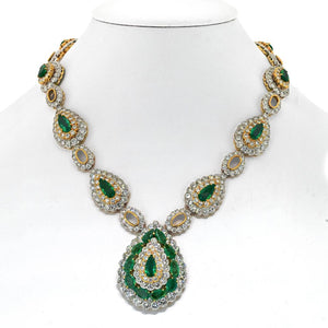 David Webb Emerald Platinum & 18K Yellow Gold Pear Shaped Green Emerald And Diamond Vintage Necklace