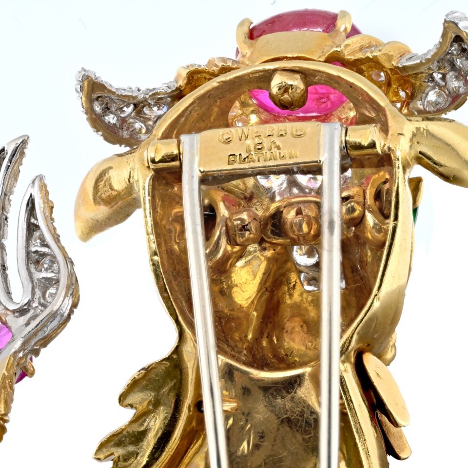 David Webb Platinum & 18K Yellow Gold Red Enamel Bull Brooch - The Back Vault