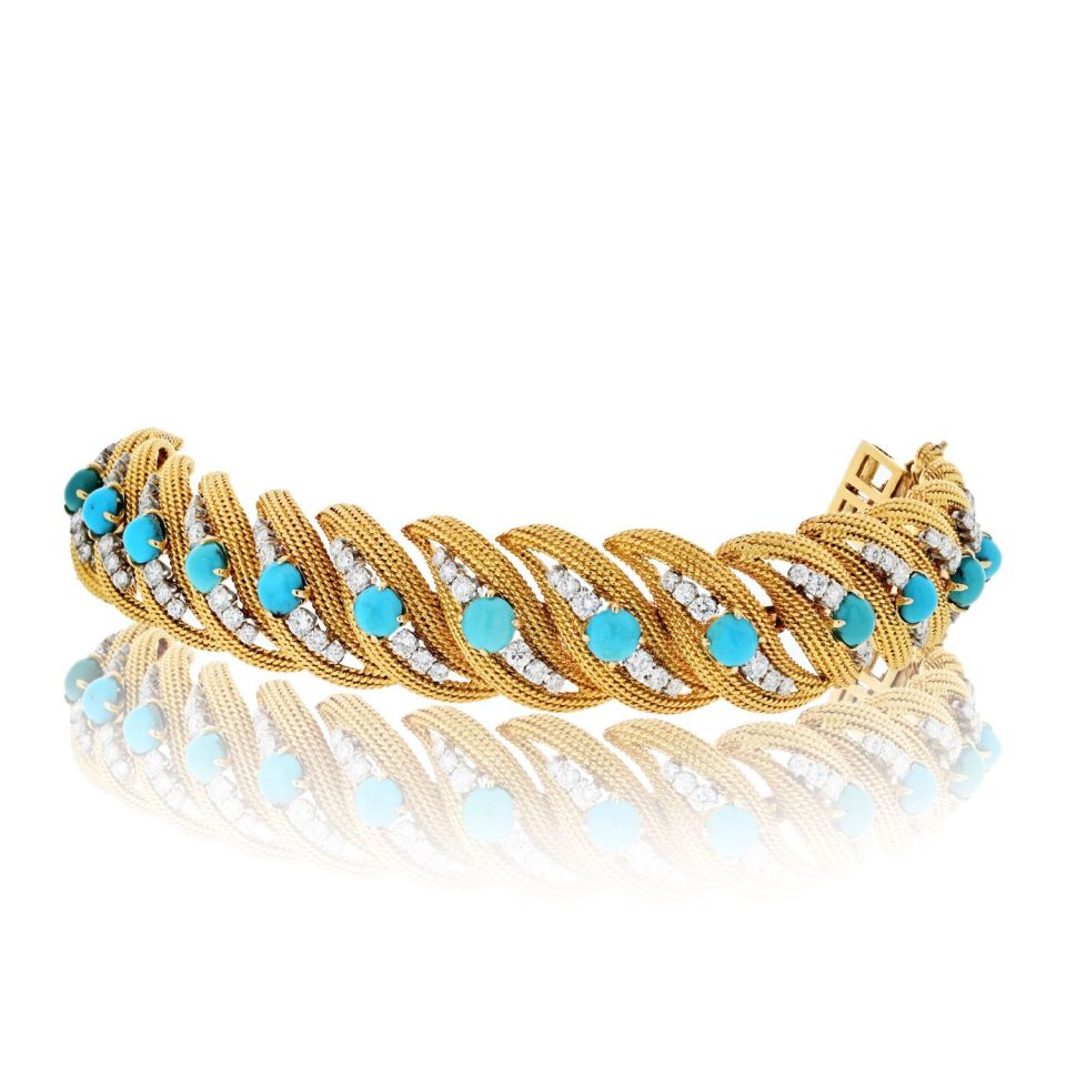 David Webb Platinum & 18K Yellow Gold Turquoise And Diamond Bracelet