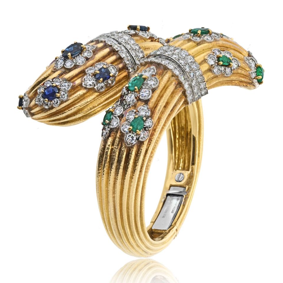 David Webb 18K Yellow Gold Diamond And Gemset Bypass Bracelet - The Back Vault