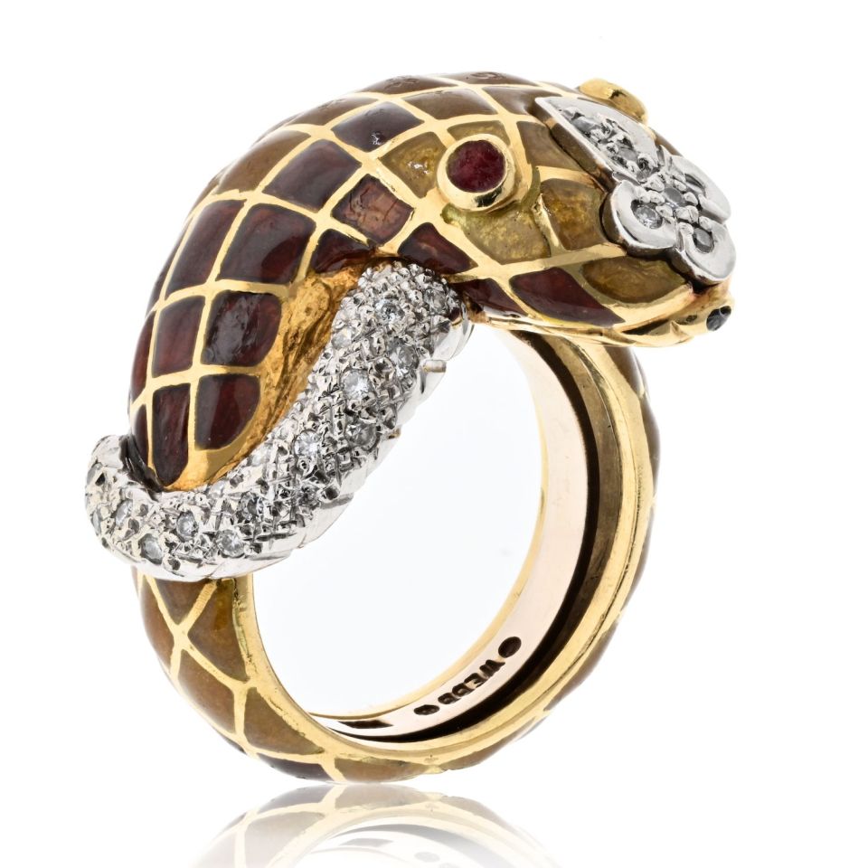 David Webb Platinum & 18K Yellow Gold Brown Enamel Snake Diamond Ring