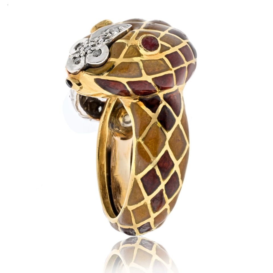 David Webb Platinum & 18K Yellow Gold Brown Enamel Snake Diamond Ring