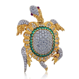 18K Yellow Gold Diamond And Gemstone Turtle Brooch