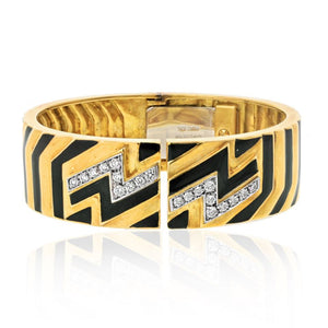 David Webb Platinum & 18K Yellow Gold Stripe Black Enamel Diamond Zig Zag Bracelet