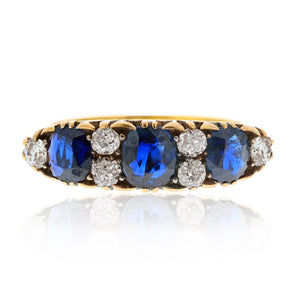 Victorian 18K Yellow Gold 3 Stone Sapphire And Diamond Ring