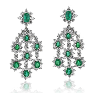 18K White Gold 20 Carat Diamond And Green Emerald Chandelier Earrings