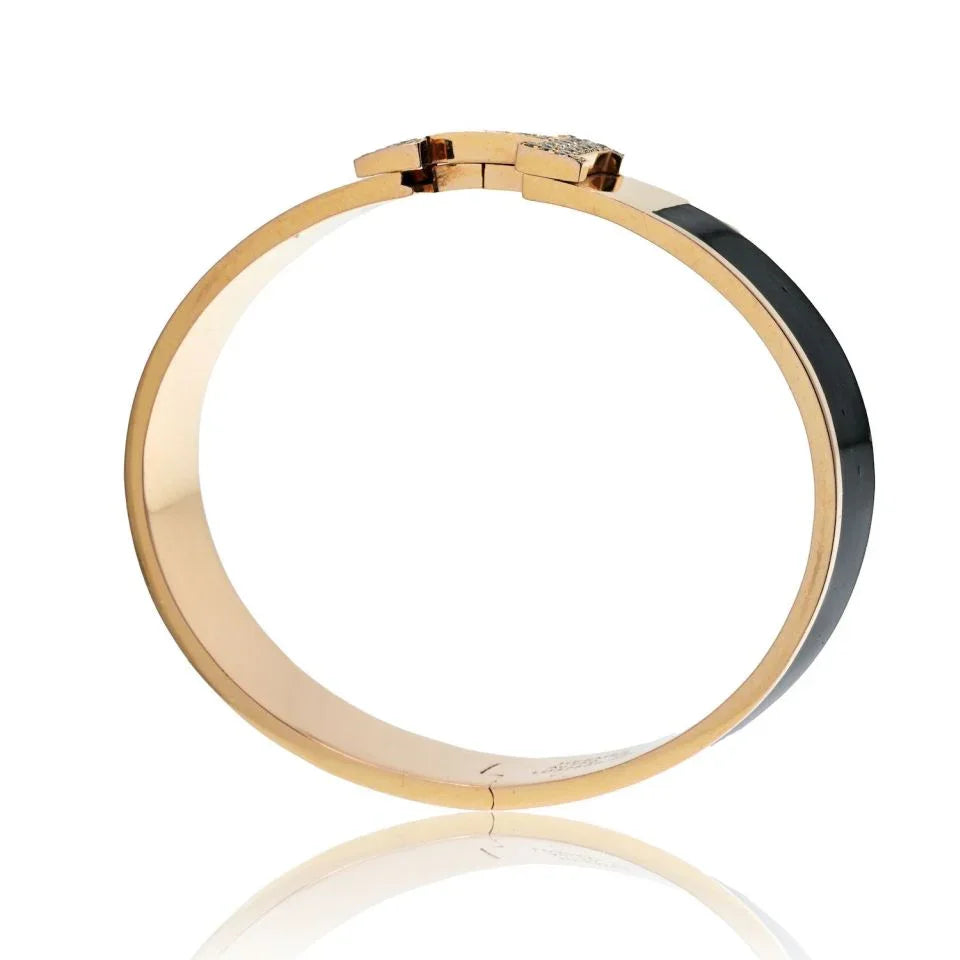 Hermes 18K Yellow Gold Clic Clac H Diamond Black Enamel Bracelet