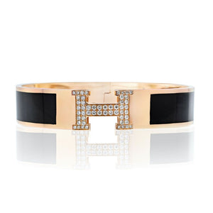 Hermes 18K Yellow Gold Clic Clac H Diamond Black Enamel Bracelet