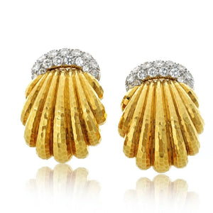 David Webb Platinum & 18K Yellow Gold Shell Motif Diamond Clip On Earrings