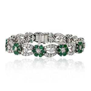 Platinum Diamond And Green Emerald Flower Bracelet