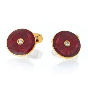 18K Yellow Gold Diamond And Red Enamel Cuff Links