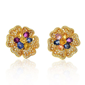 18K Yellow Gold Diamond And Multicolor Sapphire Earrings