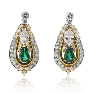 Chaumet Platinum & 18K Yellow Gold Diamond And Green Emerald Earrings